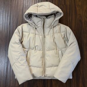 Zara Faux Leather Puffer Jacket with Hood Beige